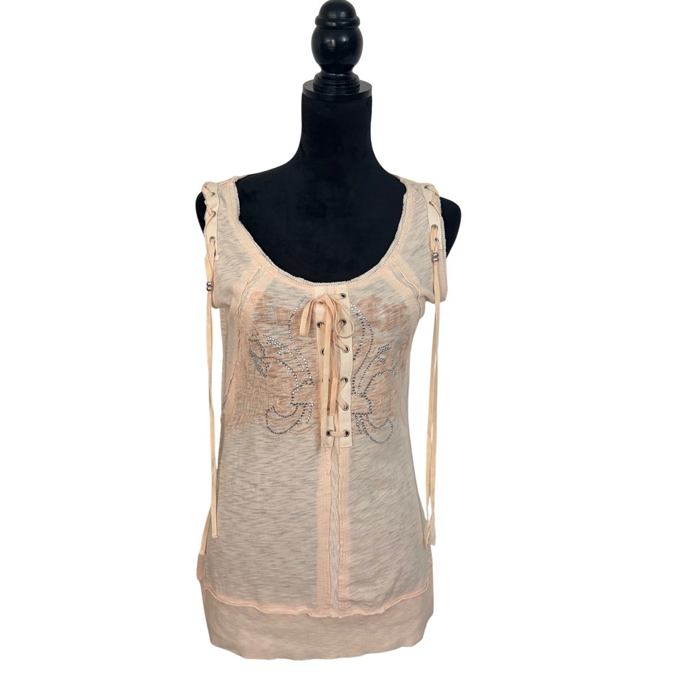 Monoreno Vintage NWT Women's M Pastel Peach Lace Up Rhinestone Graphic Tank Top
